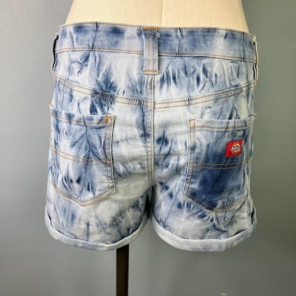 Dickies Women's Cuffed Button Fly Acid Wash Tie Dye Stretch Denim Shorts Size 7 - Picture 3 of 16